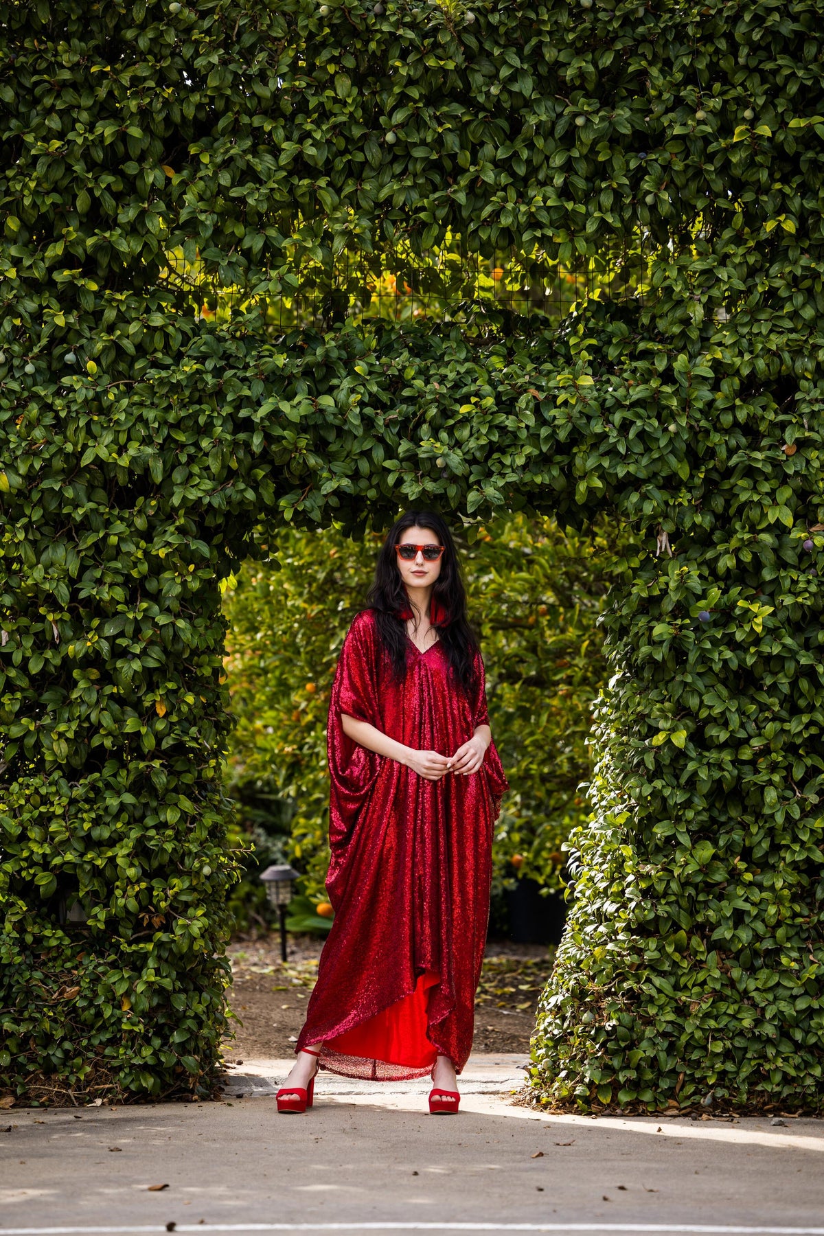 red, sequin, ruby, glitter, chic, caftan, palm springs, beach wear, stylish, handmade, madeinusa, jennafergrace