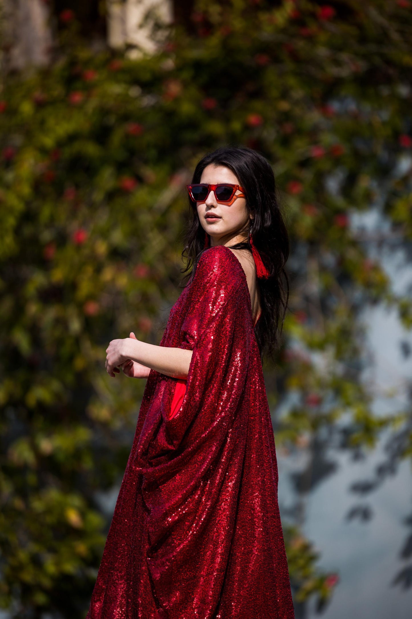 red, sequin, ruby, glitter, chic, caftan, palm springs, beach wear, stylish, handmade, madeinusa, jennafergrace