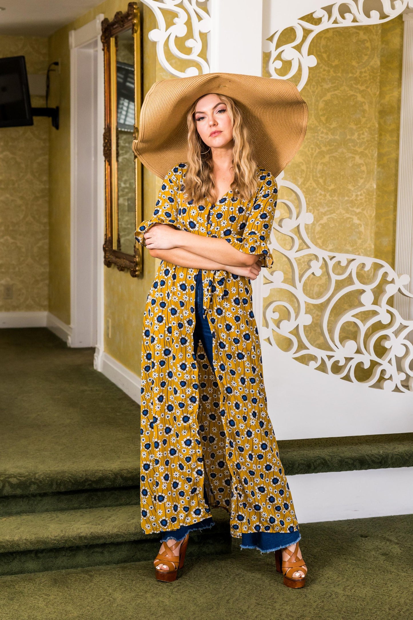 jennafer grace sunflower dressing gown coverup duster layering dress boho bohemian hippie romantic whimsical cottagecore beach resort holiday daisy floral yellow blue ruffle sleeve handmade