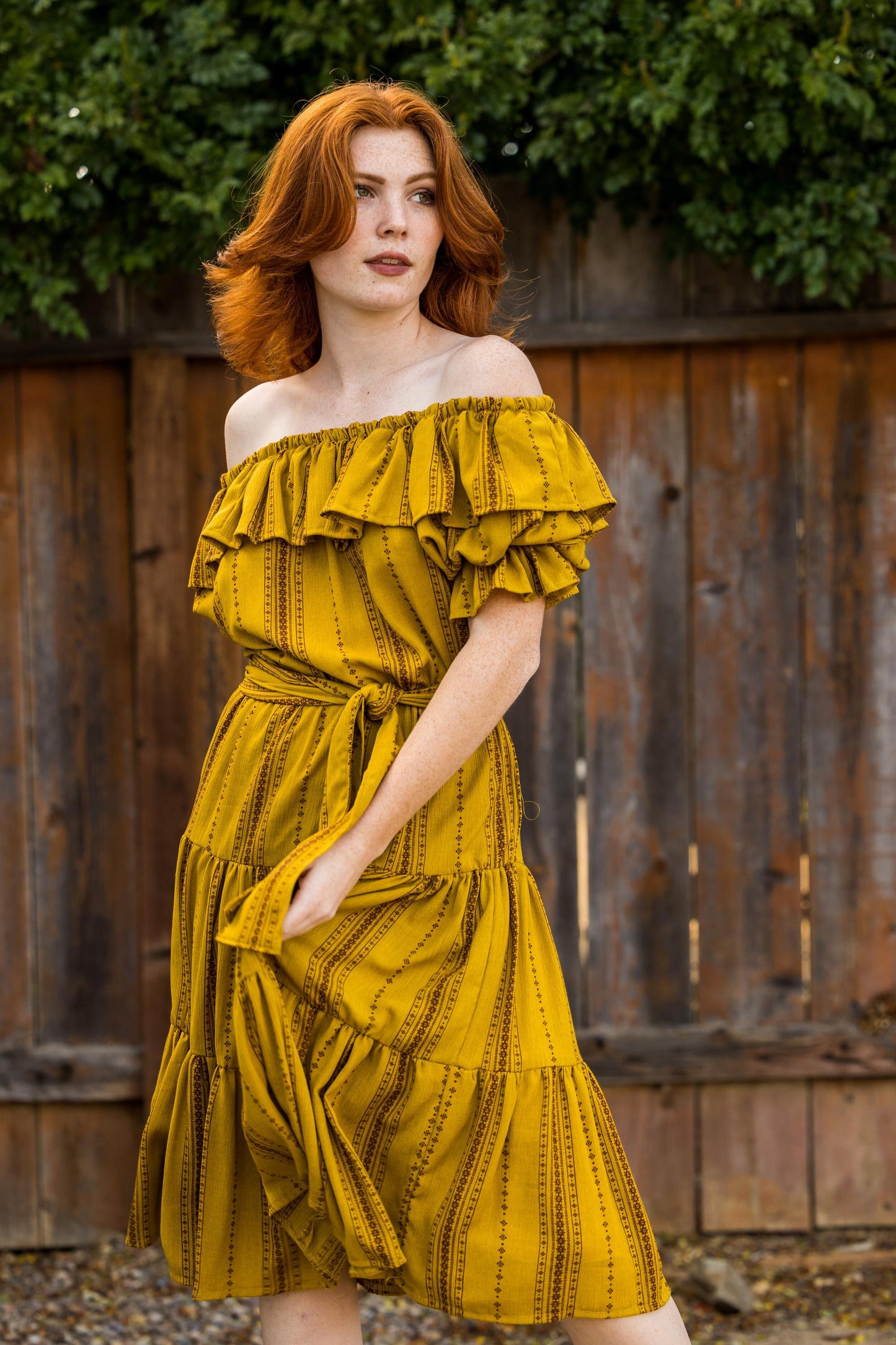 saffron yellow mustard gold brown veranda dress ruffle off shoulder boho prairie jennafergrace