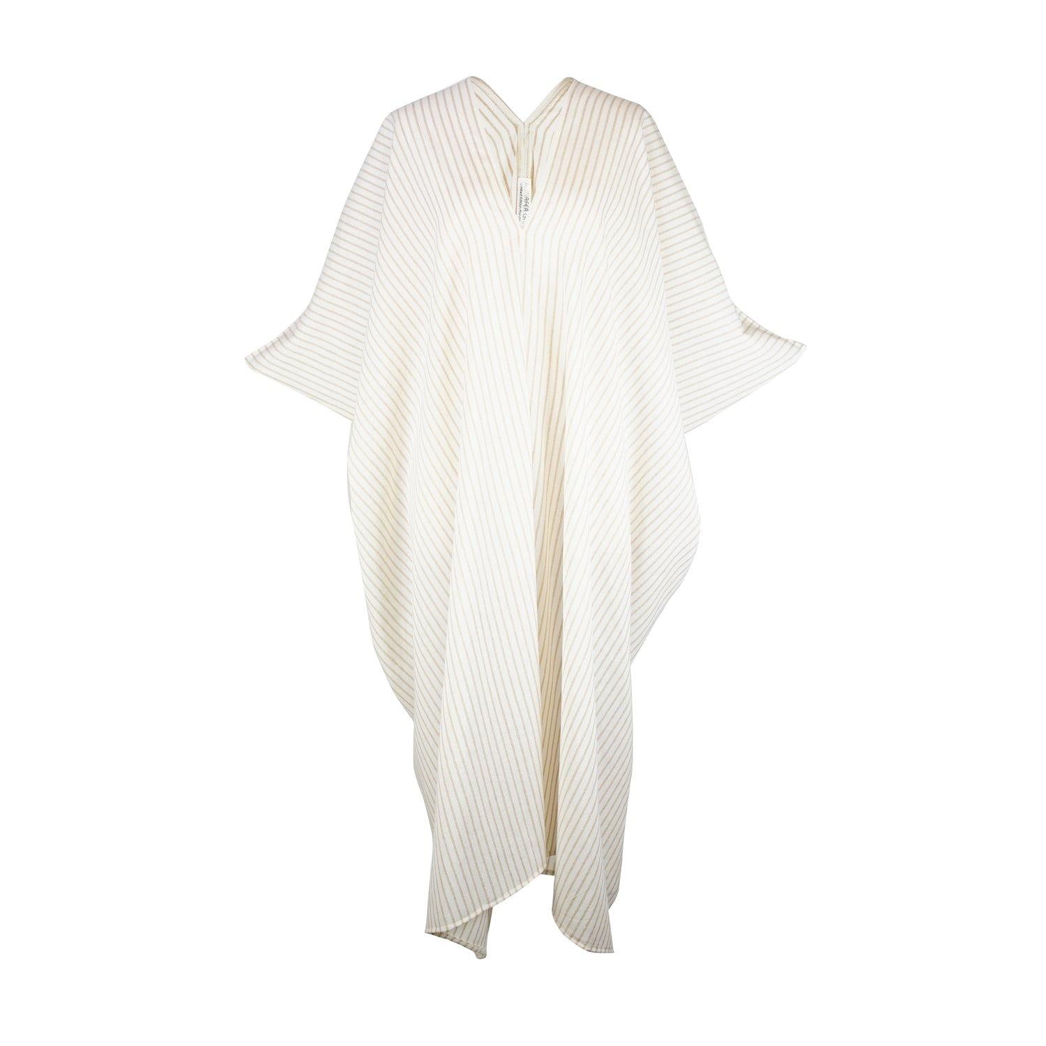 caftan mumu shift dress coverup seychelles stripe striped stripes ivory white yellow linen linen-like retro boho bohemian hippie beach resort spa lounge loungewear layering unisex handmade