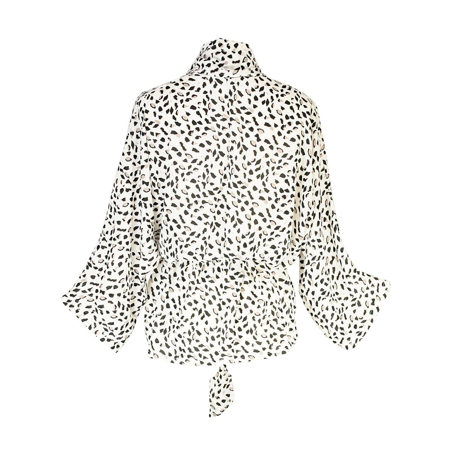 jennafer grace dolman wrap kimono top semi sheer snow leopard animal print ivory white black dots blouse shirt rocker chic glam rock cocktail party boho bohemian unisex handmade