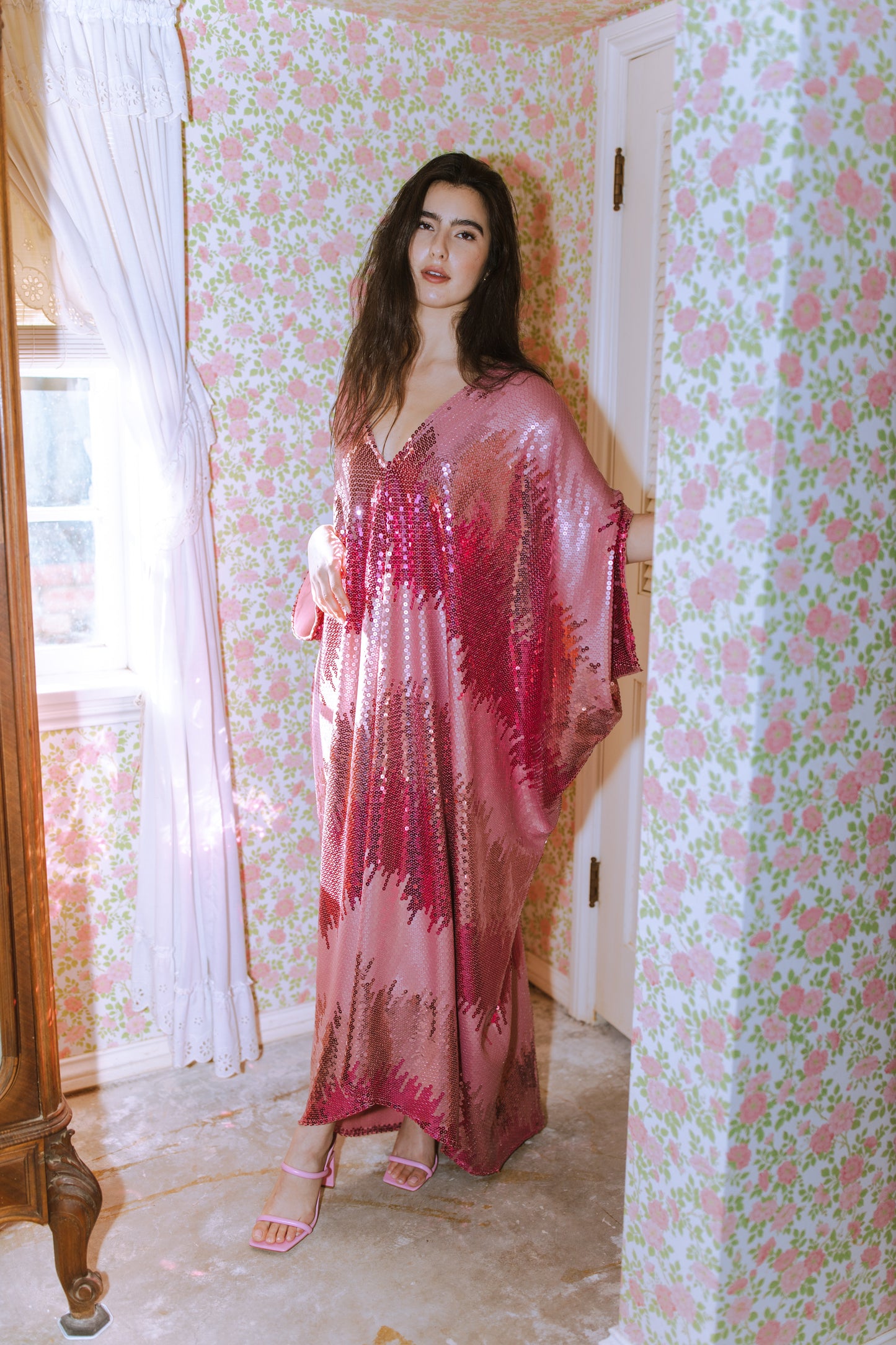 jennafer grace Stratus Pink Sequin caftan blush pink hot pink fuchsia sequined kaftan mumu shift dress coverup boho bohemian hippie beach resort spa lounge loungewear layering unisex handmade in California USA