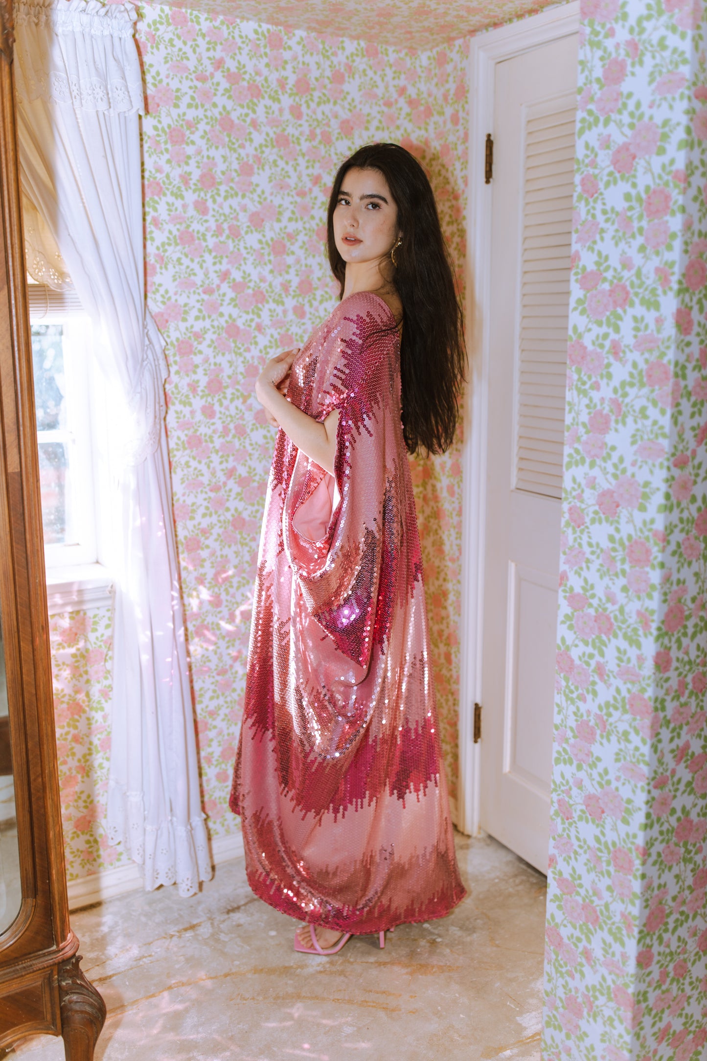 jennafer grace Stratus Pink Sequin caftan blush pink hot pink fuchsia sequined kaftan mumu shift dress coverup boho bohemian hippie beach resort spa lounge loungewear layering unisex handmade in California USA