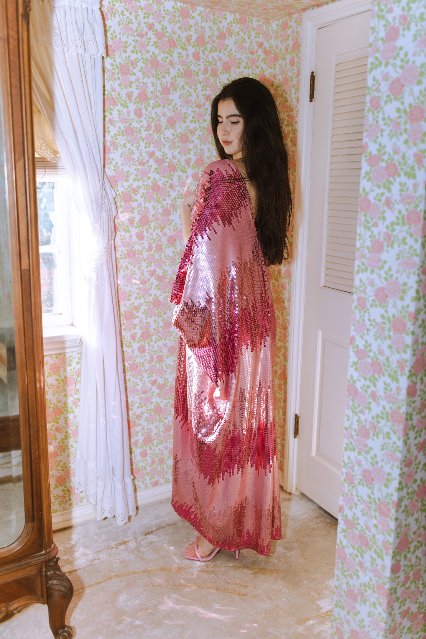 jennafer grace Stratus Pink Sequin caftan blush pink hot pink fuchsia sequined kaftan mumu shift dress coverup boho bohemian hippie beach resort spa lounge loungewear layering unisex handmade in California USA