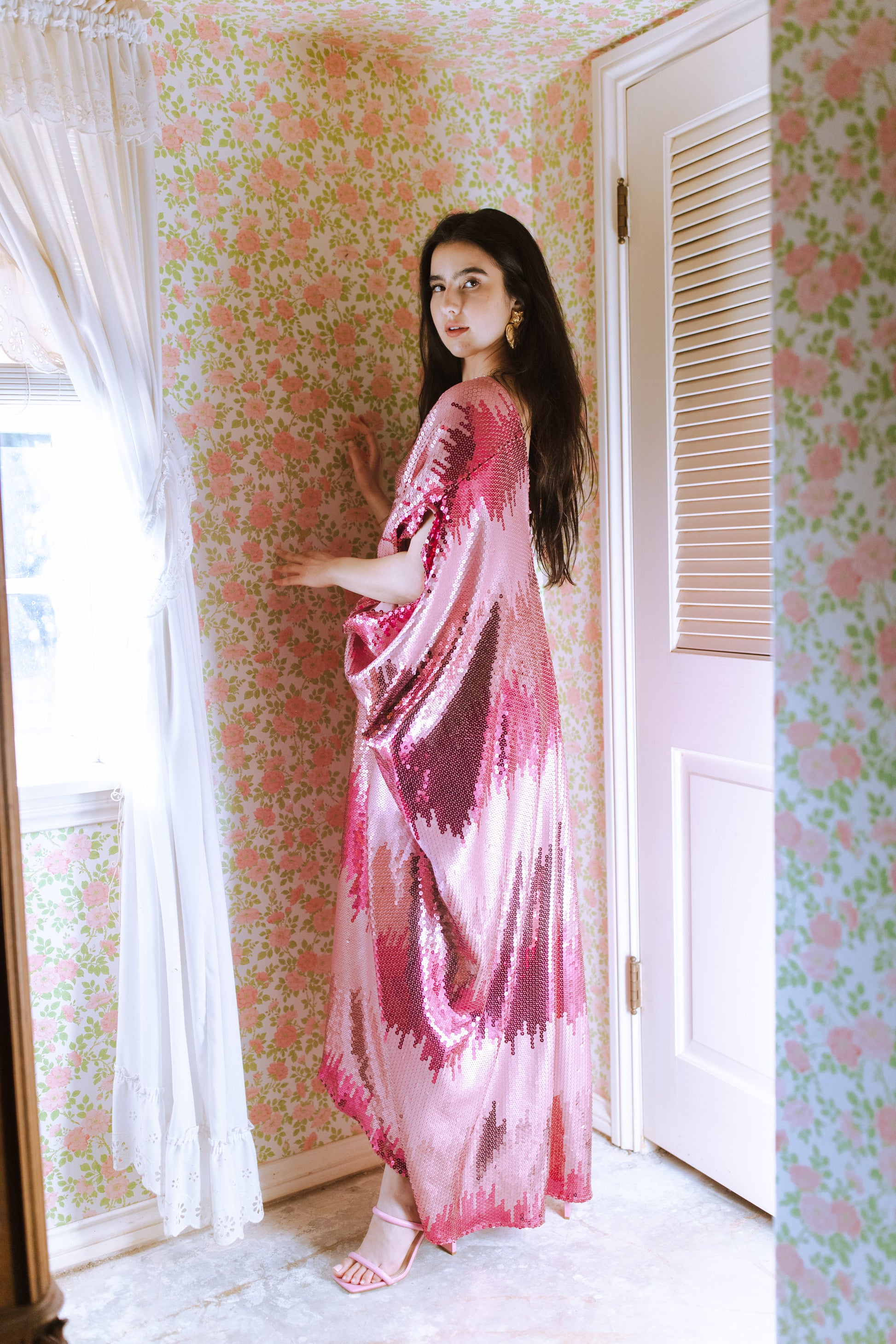 jennafer grace Stratus Pink Sequin caftan blush pink hot pink fuchsia sequined kaftan mumu shift dress coverup boho bohemian hippie beach resort spa lounge loungewear layering unisex handmade in California USA