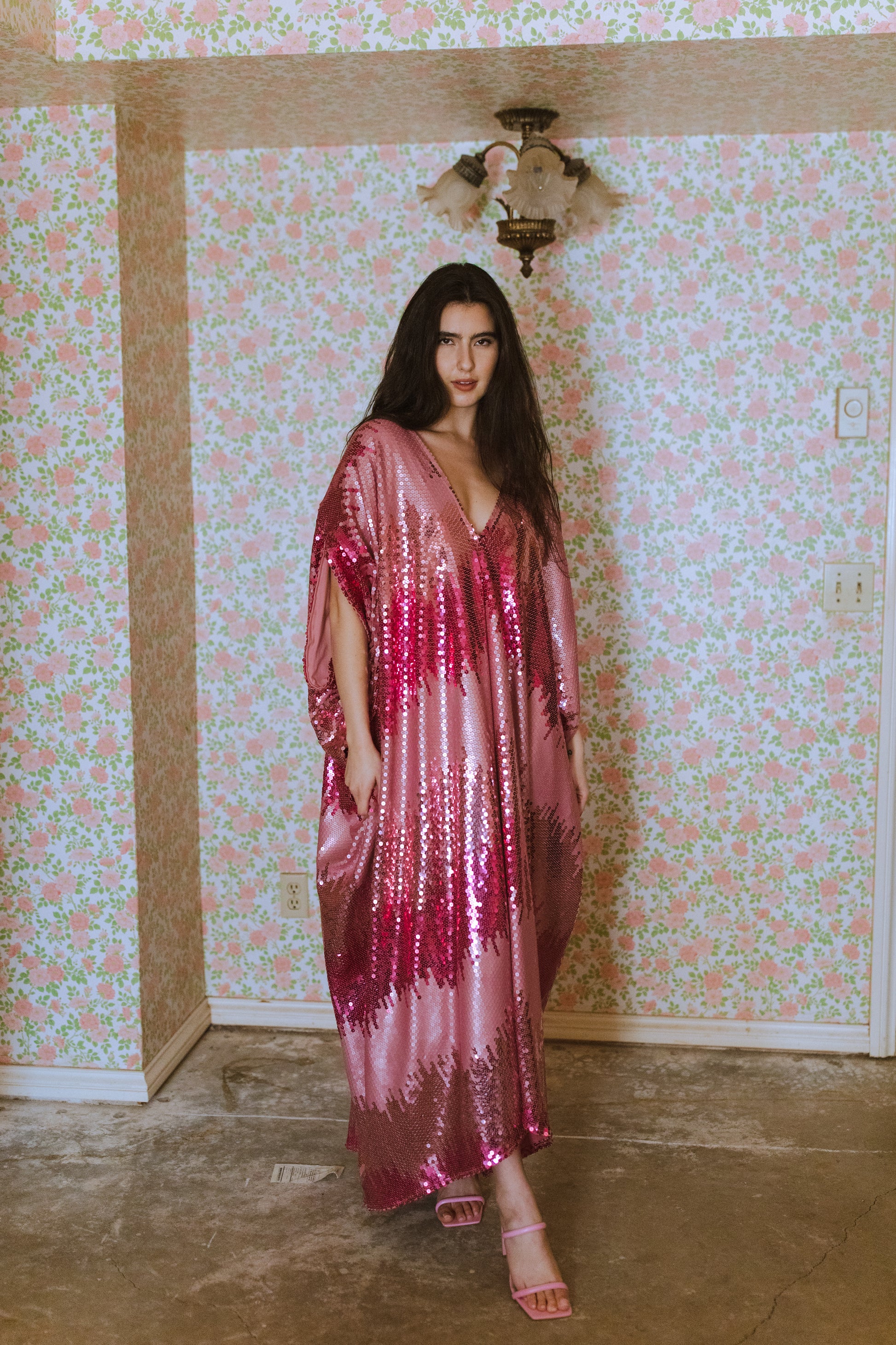 jennafer grace Stratus Pink Sequin caftan blush pink hot pink fuchsia sequined kaftan mumu shift dress coverup boho bohemian hippie beach resort spa lounge loungewear layering unisex handmade in California USA