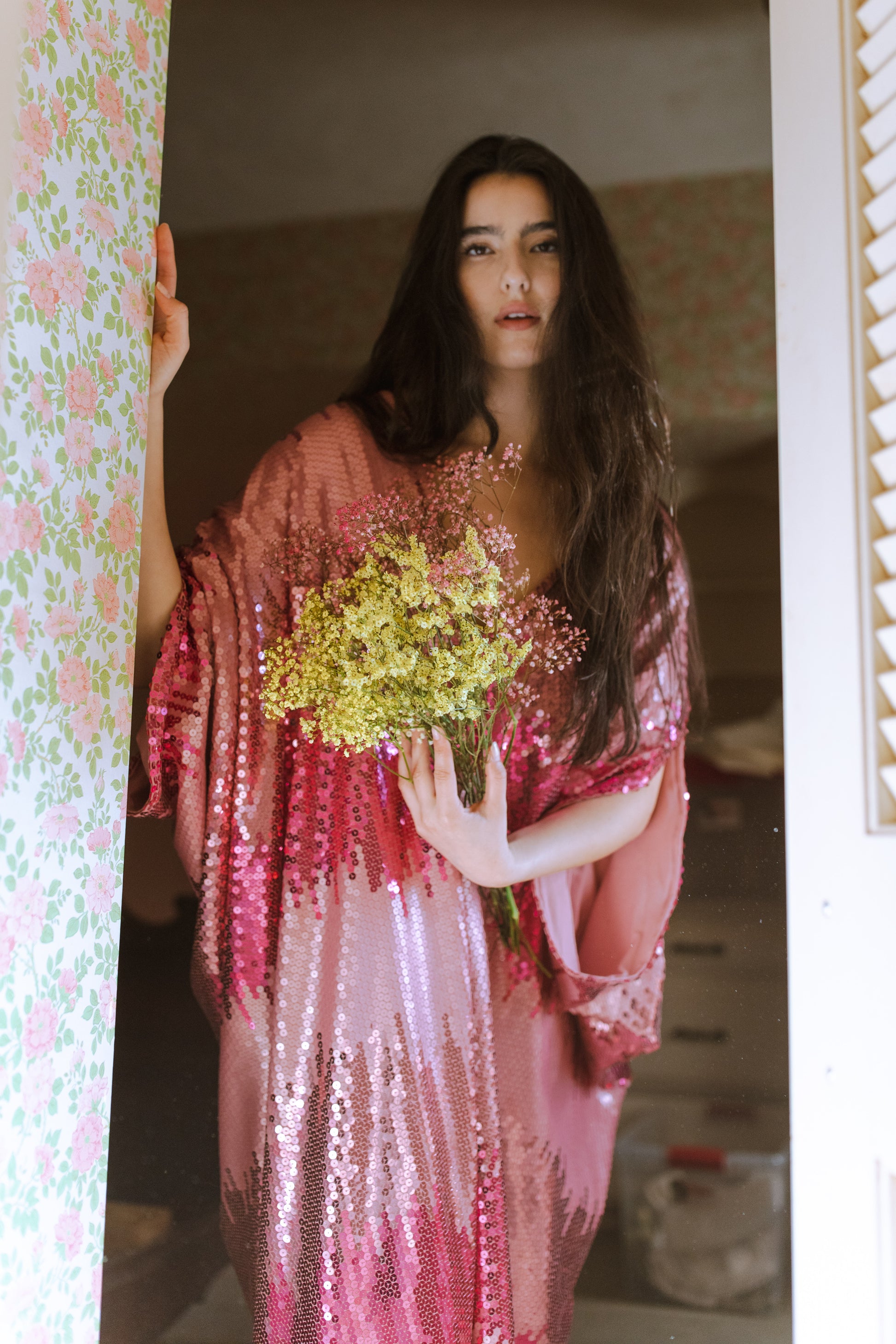 jennafer grace Stratus Pink Sequin caftan blush pink hot pink fuchsia sequined kaftan mumu shift dress coverup boho bohemian hippie beach resort spa lounge loungewear layering unisex handmade in California USA