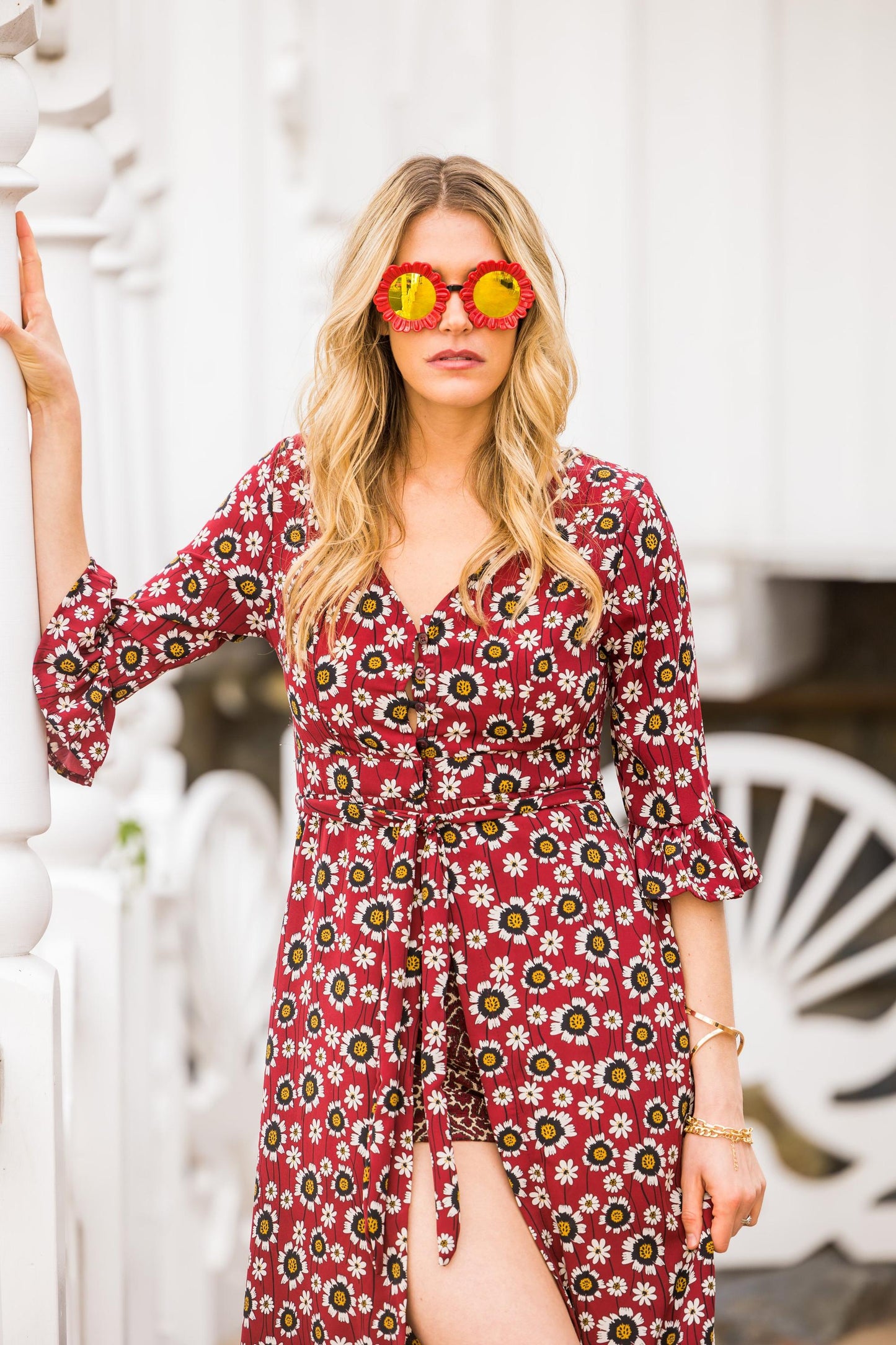 jennafer grace sunflower dressing gown coverup duster layering dress boho bohemian hippie romantic whimsical cottagecore beach resort holiday daisy floral rouge red blue ruffle sleeve handmade