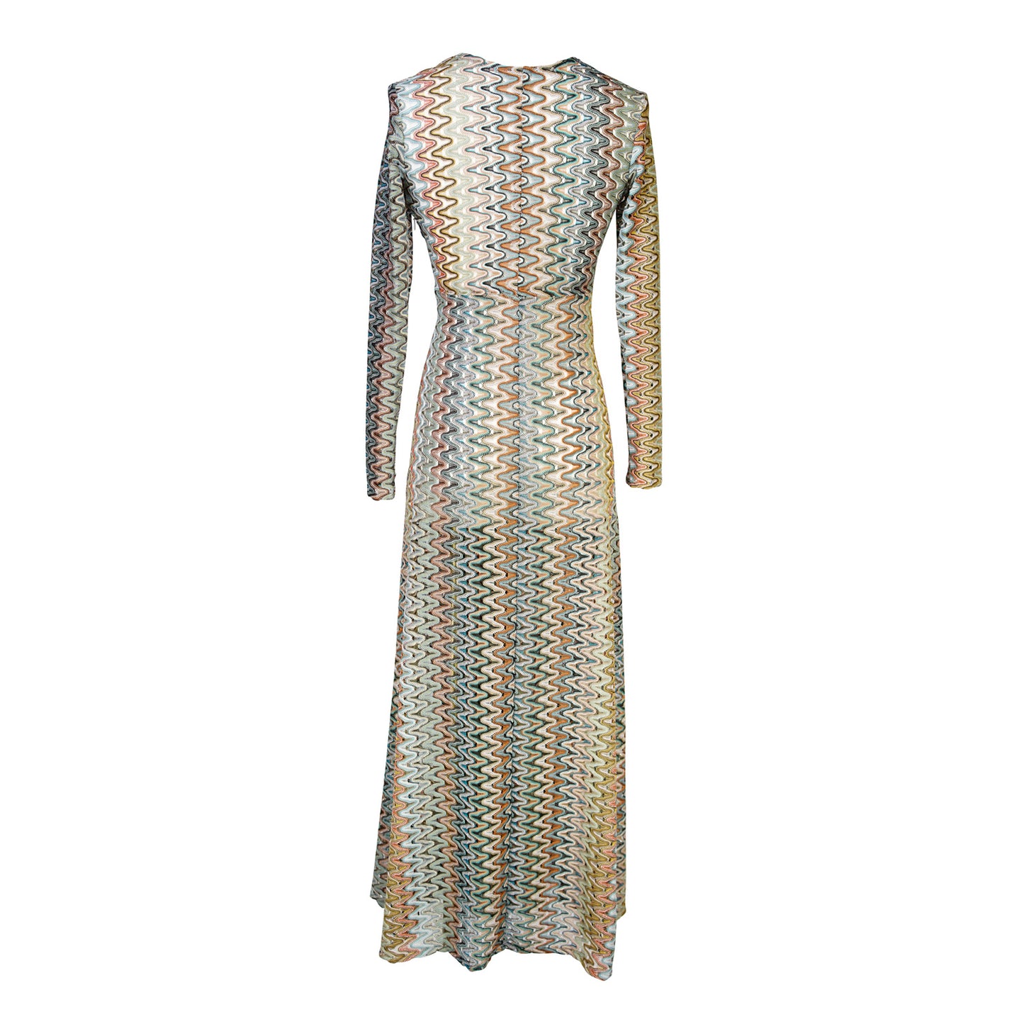 Jennafer Grace Vittoria Knot Dress Missoni-inspired metallic-infused knit 70s multicolor color palette long sleeve maxi dress knot waist detail invisible zipper handmade in California USA