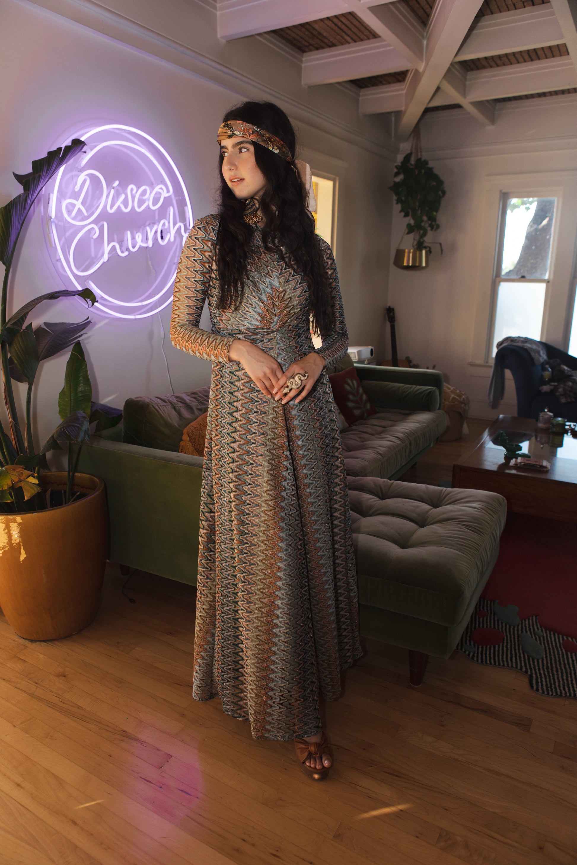 Jennafer Grace Vittoria Knot Dress Missoni-inspired metallic-infused knit 70s multicolor color palette long sleeve maxi dress knot waist detail invisible zipper handmade in California USA