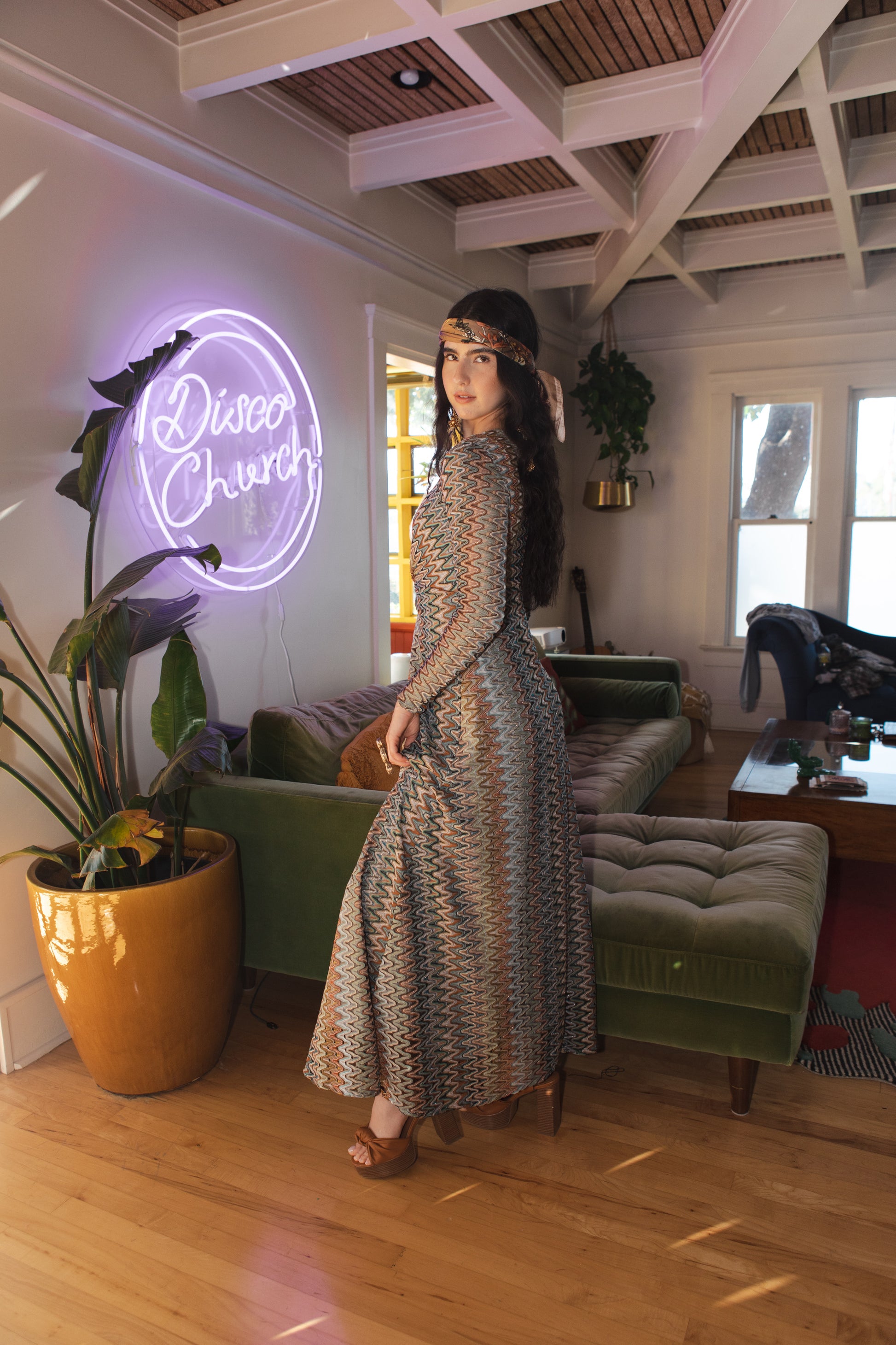 Jennafer Grace Vittoria Knot Dress Missoni-inspired metallic-infused knit 70s multicolor color palette long sleeve maxi dress knot waist detail invisible zipper handmade in California USA