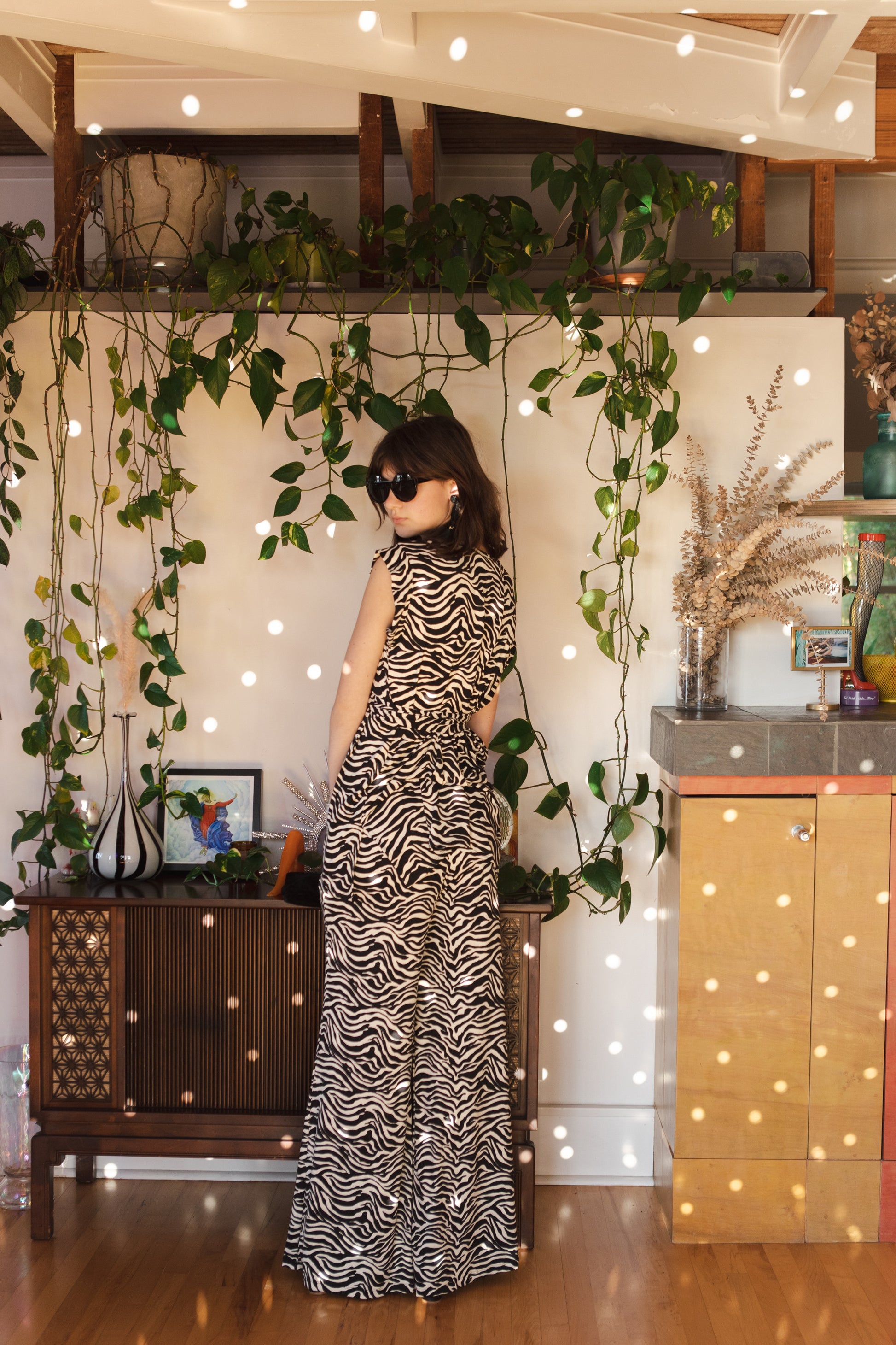 jennafer grace Zebra tunic palazzo pant matching set black white animal print tiger stripes zebra striped coord co-ord retro 70s 90s revival goth gothic boho bohemian hippie romantic whimsical lounge loungewear resort nautical cabana beach unisex handmade in california usa